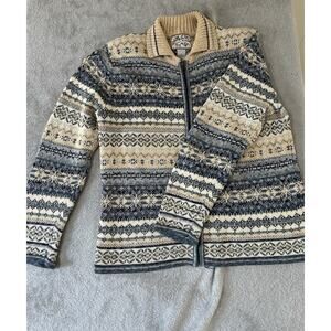 Vintage HEIRLOOM COLLECTIBLES Sweater 2001 Blue and Cream Zip Up Womens Size M